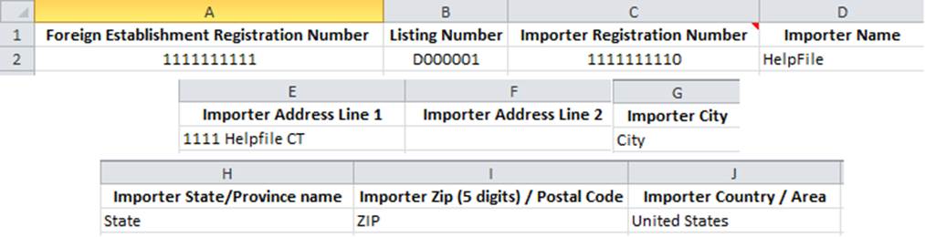 This displays the sample spreadsheet columns for Add/Replace Registered Importers from Active Listings By File Upload - Foreign Establishments Only.