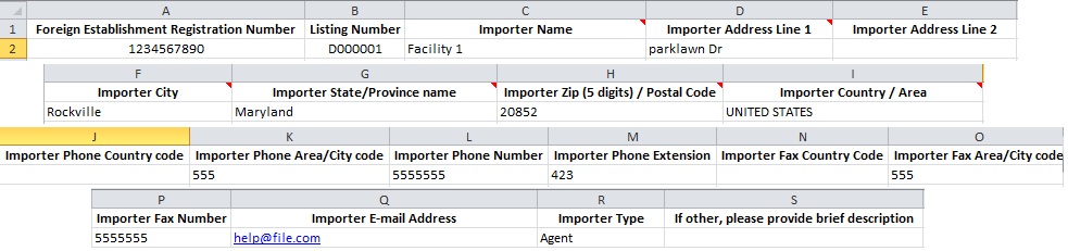 This displays the sample spreadsheet columns for Add/Replace Non-Registered Importers from Active Listings By File Upload - Foreign Establishments Only.