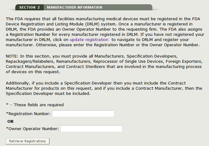 Registration Number or OON for Manufacturer