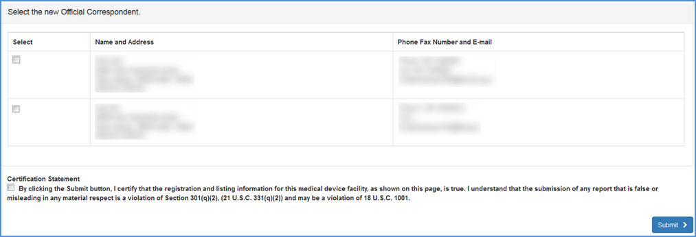 This displays the Correspondent Selection Screen