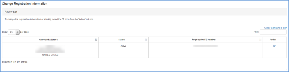 This displays the Facilities Listing Screen
