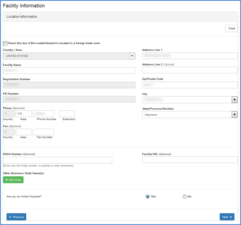 This displays the Facility Location Information Screen