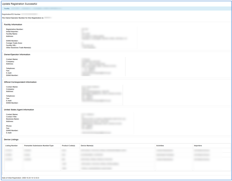 This displays the screen showing a successful update to a registration