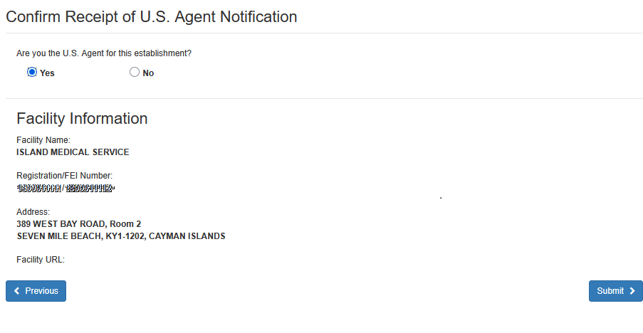 Confirm Receipt of U.S. Agent Notification screen