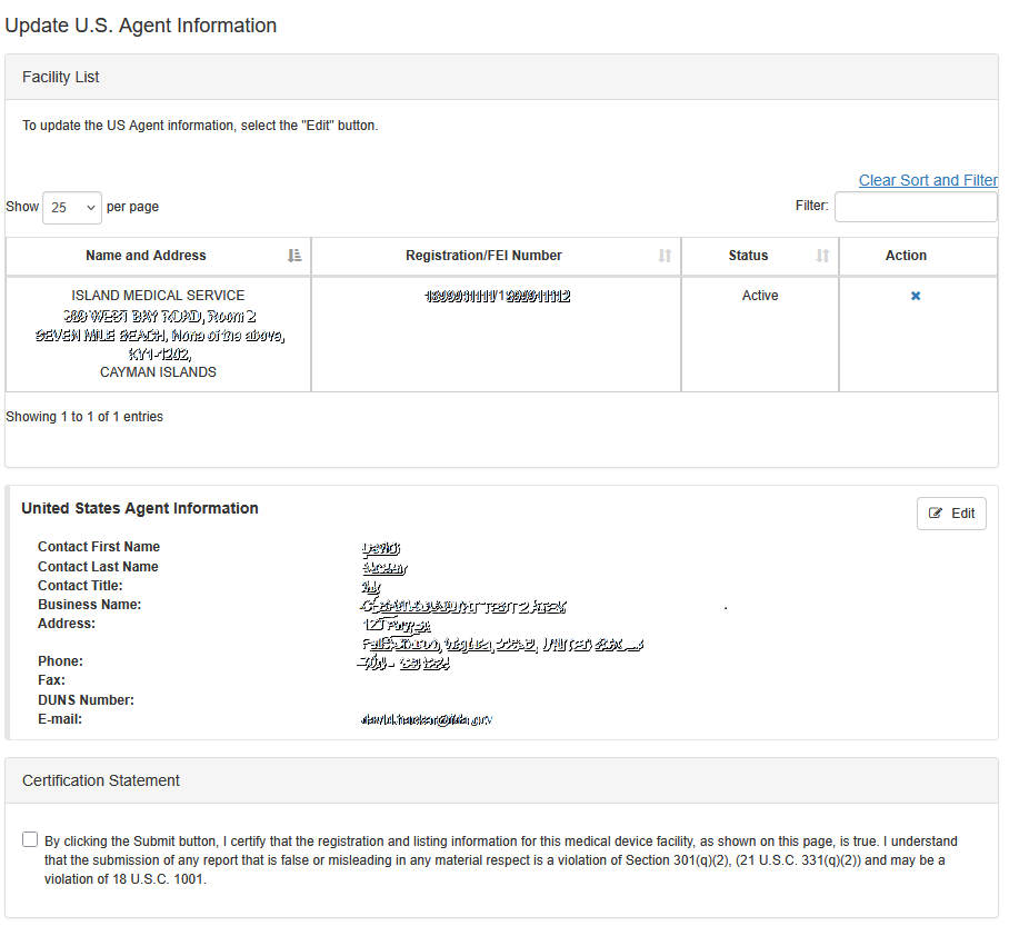 Update U.S. Agent Information screen