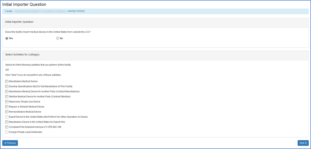 This displays the Initial Importer Question Screen