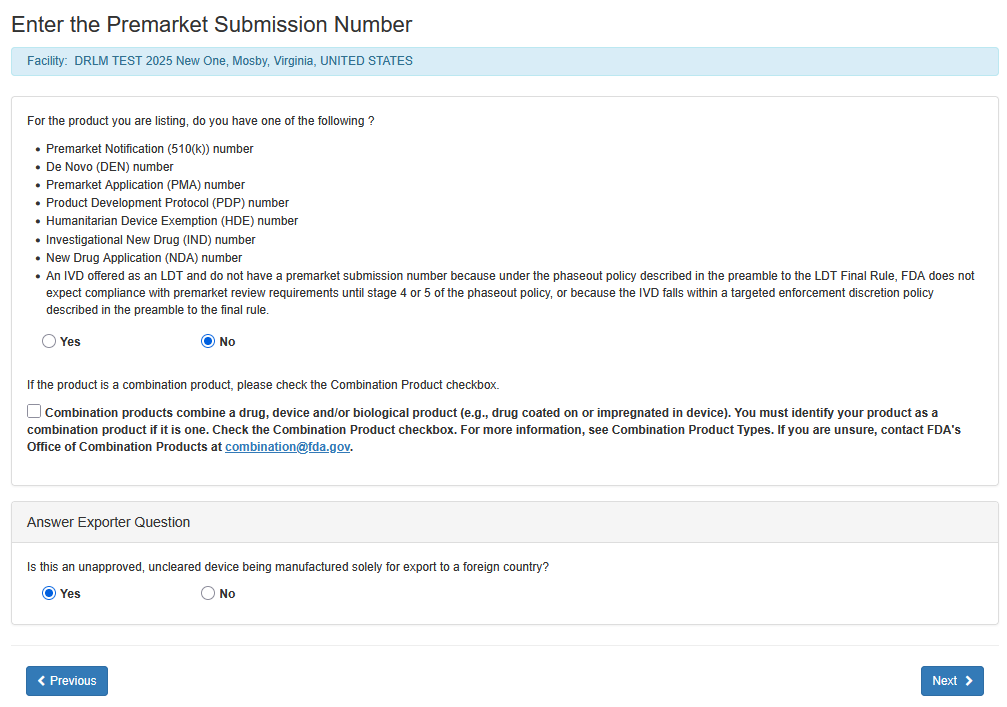 This displays the Enter a Premarket Submission Number or Answer Exporter Question Screen