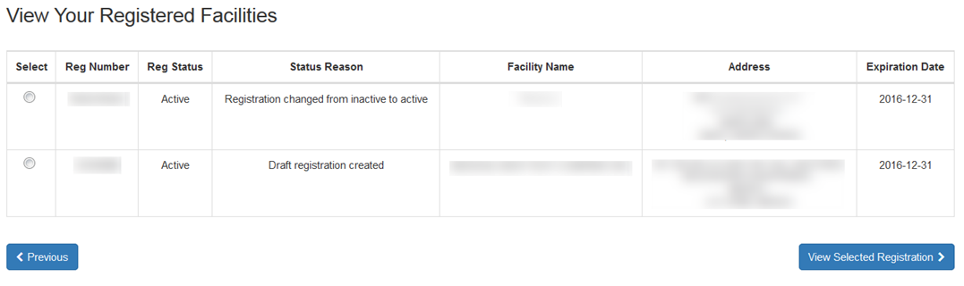 This displays the Registered Facilities for a Given Account screen